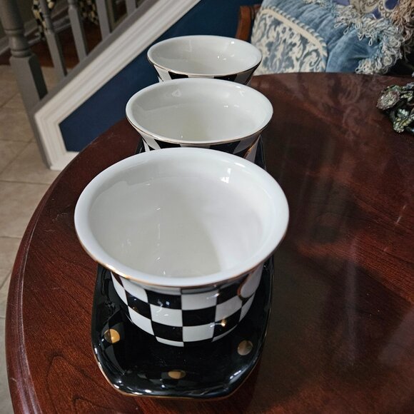 RARE 3 MACKENZIE CHILDS COURTLY CHECK BLACK TIE CERAMIC HERB POT CONTAINER TRAY - Picture 5 of 14